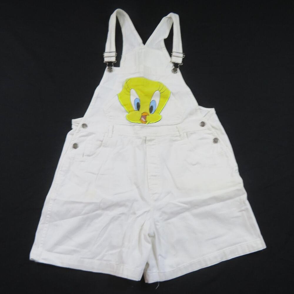 Tweety Bird White Denim Overalls Shorts Looney Tunes Jerry Leigh Sz L 1990s